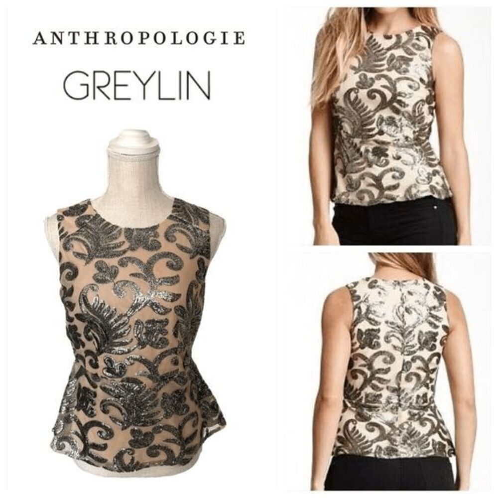 Anthropologie Greylin Embellished Sequin Peplum Top Mesh Blouse NWT Large